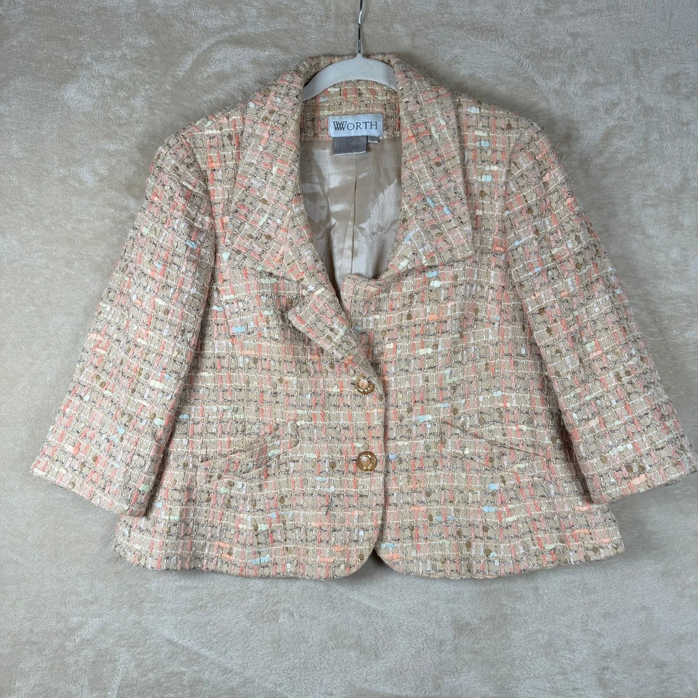 Worth Women Peach Tan Tweed Silk Blend Blazer Jacket Size 6 Metallic Accents